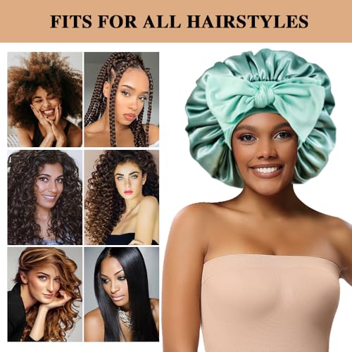 2+3 Large Satin Bonnets with Scrunchies for Women, Hair Bonnet Sleeping Tie Bonnet for Braids Curly Hair - color: I - Green, Blush Pink