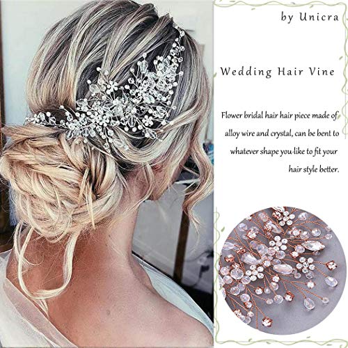 Bride Flower Wedding Hair Vine Crystal Bridal Hair Piece Rhinestone Party Hair Accessories Leaf Hair Jewelry Bead Headpiece for Women - color: Rose Gold