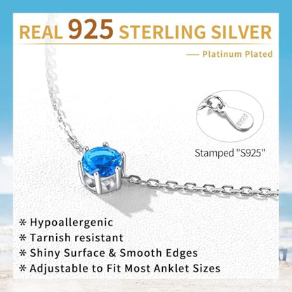 ChicSilver 925 Sterling Silver Anklets for Women, Simple Dainty Round/Heart Birthstone Ankle Bracelet Beach Foot Jewelry, 8.7-10.7 Inch Adjustable - color: 12. Round - December(Blue Topaz)