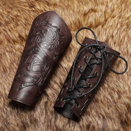 Medieval Leather Bracers Dragon Embossed Viking Leather Bracers Leather Arm Armer Cuff Leather Gauntlet Costumes Accessories - style: Dragon Leather Bracers-dark Brown