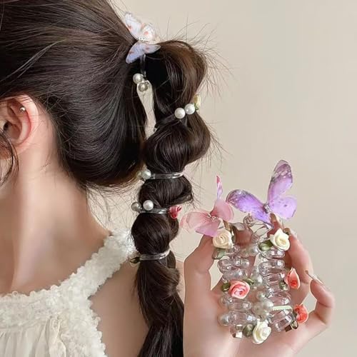 5pcs Telephone Wire Hair Bands Spiral Hair Ties,Pearl Telephone Cord Hair Ties Hair Scrunchies Decorative Hair Ties No Damage Ponytail Holders,Butterfly Flowers Beaded Hair Ties for Women Girl