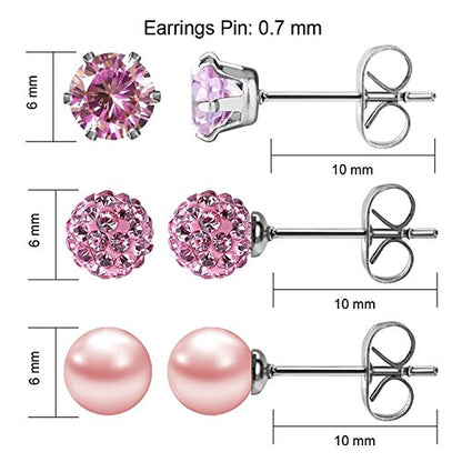 JewelrieShop Birthstone Studs Earring Set Cubic Zirconia Rhinestones Crystal Ball Faux Pearl Stainless Steel Stud Earrings for Women Jewelry Gift (6mm Round,3 Pairs) - color: 10) Oct. - Pink
