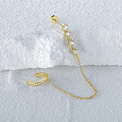Crystal Ear Cuff Tassel Cartilage Stud Earring for Women Girls 925 Sterling Silver CZ Clip On Huggie Hoops Climber Crawler Long Chain Dangle Drop Hypoallergenic Earrings Fashion 1 Pcs Jewelry Gifts Birthday - color: Gold