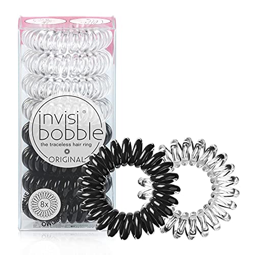 invisibobble Original Traceless Spiral Hair Ties - Pack of 8, Crystal Clear and True Black- Strong Elastic Grip Coil Accessories for Women - Non Soaking - Gentle for Girls Teens and Thick Hair - color: Crystal Clear and True Black, size: 8 Count (Pack of
