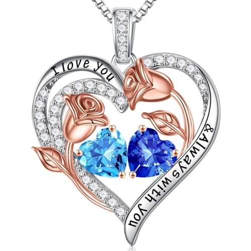 Iefil Birthstone Necklace for Women - Rose Heart Necklace | 925 Sterling Silver, Gift Box Packaging, Anniversary Birthday Gifts for Wife Mom Daughter - color: 03-09-Mar-Sept Birthstone