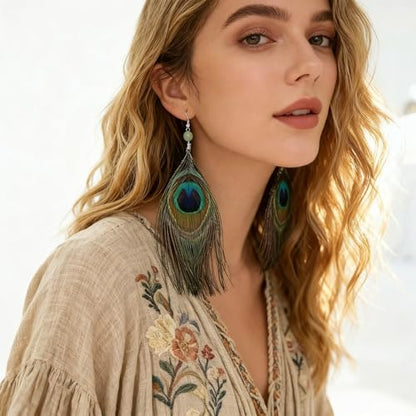 Feather Earrings for Women, Sterling Silver Hook Boho Style Peacock Long Feather Jewelry - color: Peacock Feather-1