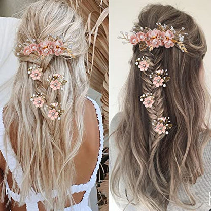 5 Pieces Bridal Flower Wedding Hair Pins Crystal Pearl Hair Combs Clips Headpiece Gold Wedding Hair Accessories Jewelry with Rhinestone for Brides Bridesmaids Women Girls Updo (Cherry Blossoms Pink) - color: Flourish Flowers Series&Cherry Blossoms Pink