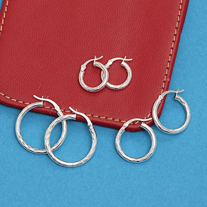 Charmsy Set of 3 Pairs 925 Sterling Silver Hoop Earrings for Women | Lightweight Italian 2.5mm Tube Diamond-Cut Classic Texured Click-Top Hoops Earring | Size 12/13/15/18/20/25mm - color: Silver-15/21/25mm
