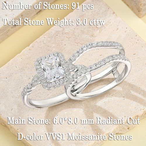 Newshe Jewellery Moissanite Wedding Sets for Women 925 Sterling Silver Engagement Rings Set Radiant Bridal Band Enhancer Size - color: Moissanite