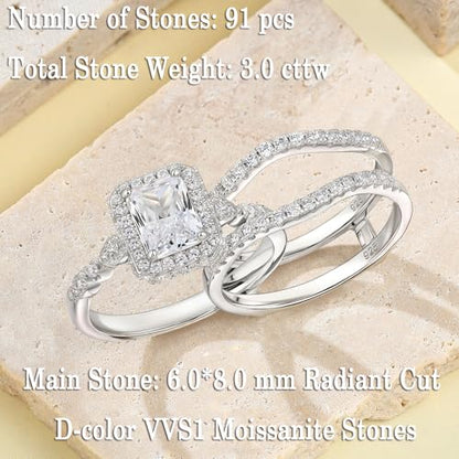 Newshe Jewellery Moissanite Wedding Sets for Women 925 Sterling Silver Engagement Rings Set Radiant Bridal Band Enhancer Size - color: Moissanite