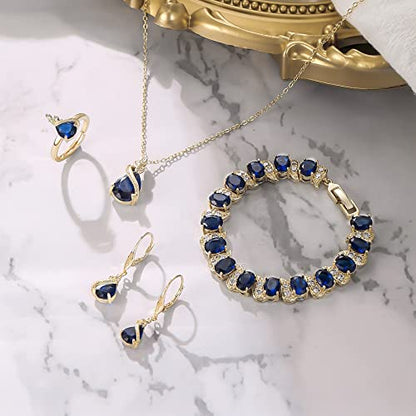 Jewelry Set for Bride, Sparkling Water Drop Cubic Zirconia Crystal Pendant Necklace Leverback Earrings Tennis Bracelet Adjustable Ring Gift for Wedding/Birthday/Mother's Day/Christmas - color: 15-Sapphire Color Gold-Plated-Brass