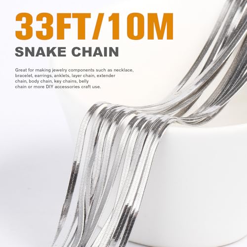 33FT 2mm Stainless Steel Chains Snake Chains Roll Bulk for Jewelry Making | 304 Stainless Steel Flat Snake Chains Roll Spool for DIY Craft Necklace Bracelet - color: 2.0mm Stainless Steel Flat Snake Chains