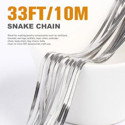 33FT 2mm Stainless Steel Chains Snake Chains Roll Bulk for Jewelry Making | 304 Stainless Steel Flat Snake Chains Roll Spool for DIY Craft Necklace Bracelet - color: 2.0mm Stainless Steel Flat Snake Chains