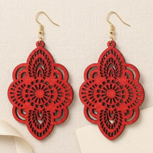 Boho Black Filigree Dangle Earrings for Women, Lightweight Hollow Lace Drop, Wood, 3.34" x 1.69", Bohemian Jewelry - color: Red