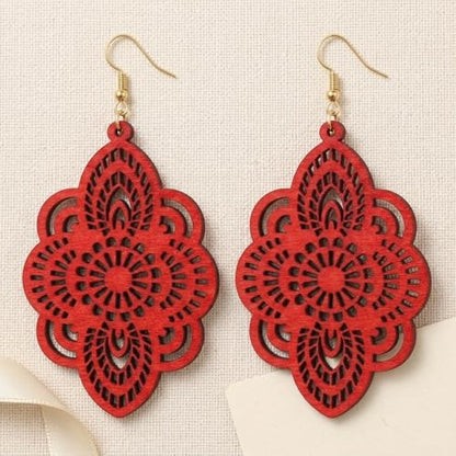 Boho Black Filigree Dangle Earrings for Women, Lightweight Hollow Lace Drop, Wood, 3.34" x 1.69", Bohemian Jewelry - color: Red