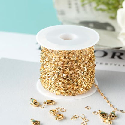 Kyutong Thin Stainless Steel Chain Roll Gold Chain for Jewelry Making | 32.8 Feet Jewelry Chain for Keychain Necklace Bracelet DIY Gold PVD Plated Stainless Chains Bulk with Jewelry Connectors - color: Gold Lip