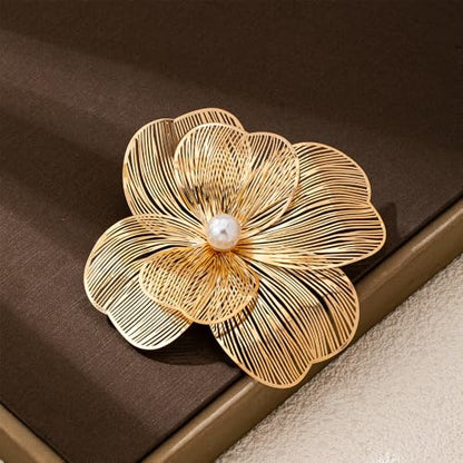 Large Gold Layered Flowers Brooches for Women Filigree Lapel Pins | Chunky Golden Floral Big Pin Trendy Big Fake Pearls Petal Statement Jewelry 70s 80s Costume Outfit Cloth Accessories