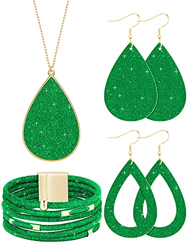 Hicarer 4 Pcs Jewelry Sets for Women Glitter Necklace and Earring Set Multi Layer Bracelet Costume Jewelry Sets for Bridal Shower Wedding - color: Green