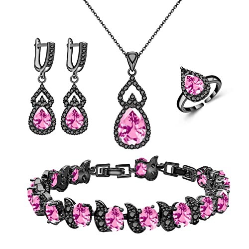LMXXVJ Women Jewelry Set Platinum Plated Necklace Open Ring Earrings Bracelet Set,Birthday/Anniversary Mother’s Day Jewelry Gifts for Mom/Wife/Sister/Best Friend - color: Black Gun-Pink