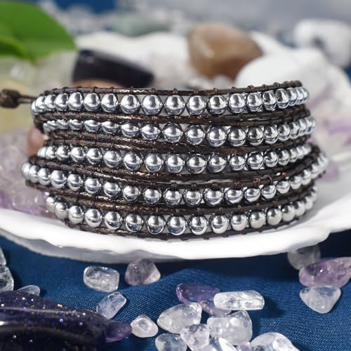 Genuine Stone Wrap Bracelets for Women Natural Crystal Beaded Wrap Bracelet 2/3/5 Adjustable Bohemian Bracelets Jewelry Gifts for Women Mom - color: hematite(5 wraps)