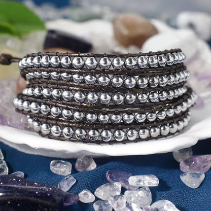 Genuine Stone Wrap Bracelets for Women Natural Crystal Beaded Wrap Bracelet 2/3/5 Adjustable Bohemian Bracelets Jewelry Gifts for Women Mom - color: hematite(5 wraps)