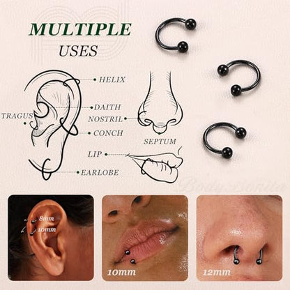 G23 Titanium 14/16/18/20G Septum Rings Horseshoe Nose Ring Jewelry | 2/3Pcs Circular Barbell Spike Lip Body Piercing Jewelry Conch Helix Tragus Earring Silver/Black 8/10/12mm 14K Gold Plated - color: Black-3pcs, size: Balls-3pcs-18g-8mm
