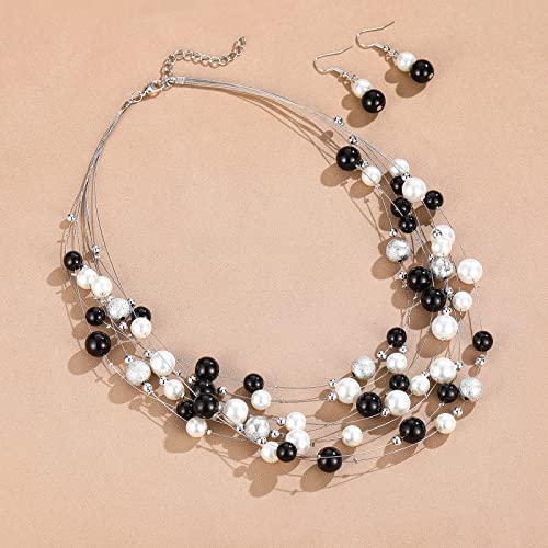 FULU AUTUMN Layered Pearl Necklace Multi-strand Pearl Choker Necklaces for Women Beaded jewelry for Wedding Parties - color: 37-Black and white