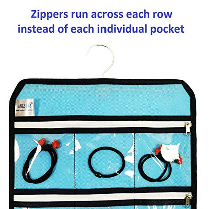Travel Foldable Jewelry Rolls Bag Hanging Jewelry Organizer with 9 Zippered Clear Pockets Storage Pouch with Rotatable Hanger (BLUE) - color: BLUE