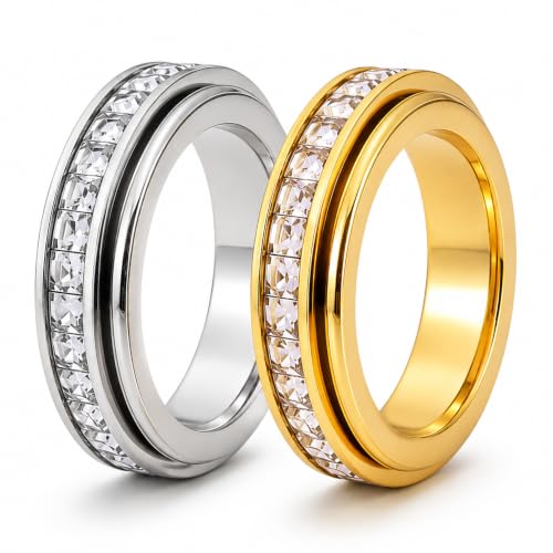 Spinning Fidget Rings for Women, Ultra Quiet Rhinestone Spinner Ring for Stress and Anxiety Relief, Everyday Matching Couple Rings, 2Pcs Gold and Silver Hypoallergenic 304 Stainless Steel, Size 8
