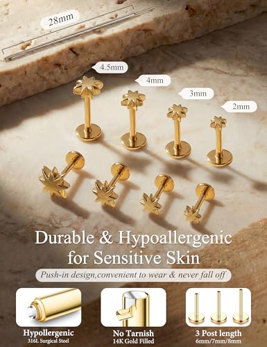 YADOCA Threadless Flat Back Earrings Gold Nose Studs Surgical Steel | Push-in flat back design for cartilage tragus helix conch and medusa piercings, gold plated stainless steel studs - color: Gold Star, size: 20G(0.8MM)