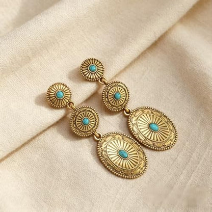 Boho Western Earrings for Women Western Feather Earrings Vintage Concho Turquoise Teardrop Dangle Earrings Country Concert Jewelry Accessories - style: Gold Turquoise Dangle