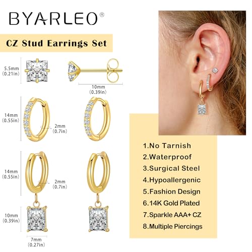 Surgical Steel Small Stud Clover Drop Dangle Huggie Hoop CZ Stud Earrings - color: C-14K Gold Plated R