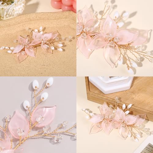 Wedding Hair Clips, Crystal Hair Pins Pearl Rhinestone Hair Barrettes, Bridal Flower Hair Pieces Pearl Headpieces Hair Accessories for Women Girls (Light Pink) - color: Light Pink