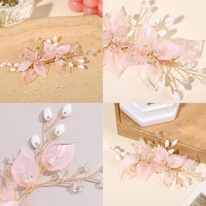 Wedding Hair Clips, Crystal Hair Pins Pearl Rhinestone Hair Barrettes, Bridal Flower Hair Pieces Pearl Headpieces Hair Accessories for Women Girls (Light Pink) - color: Light Pink