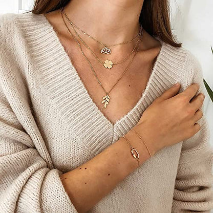 Dainty Gold Bracelets for Women, 14K Gold Plated Adjustable Layered Beads Bracelet Cute Evil Eye Oval Chain Pearl Bar Turtle Gold Bracelets for Women Jewelry - style: Beads Chain&Oval Screw Clasp