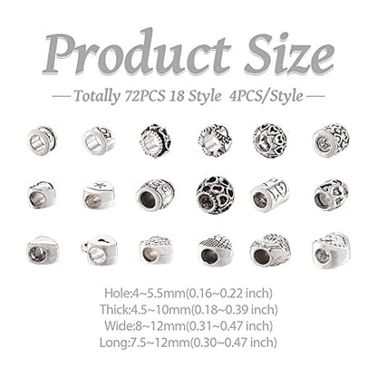 Craftdady 72pcs Tibetan European Large Hole Beads Antique Silver Heart Column Rondelle Loose Spacer Metal Beads Macrame Beads Charms 7.5~11mm for Snake Chains Bracelet Jewelry Making - color: Antique Silver-18 Style