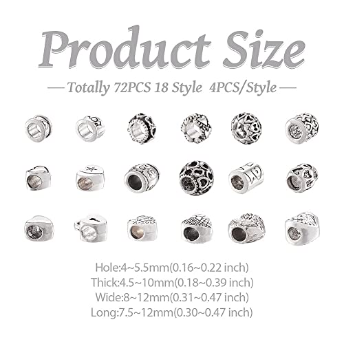 Craftdady 72pcs Tibetan European Large Hole Beads Antique Silver Heart Column Rondelle Loose Spacer Metal Beads Macrame Beads Charms 7.5~11mm for Snake Chains Bracelet Jewelry Making - color: Antique Silver-18 Style