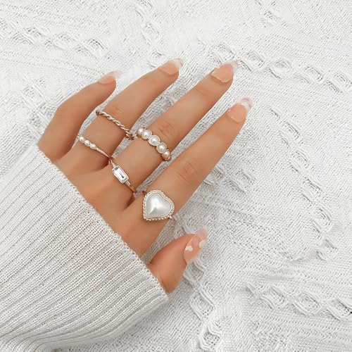 Layering Rings for Women, Adjustable Stainless Steel Joint Finger Cubic Zirconia Stackable Thumb Rings Band for Statement Open Knuckle Stacking for Women - color: Silver Heart 5PCS