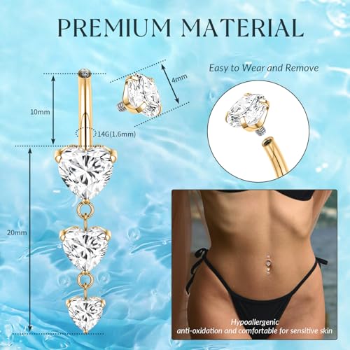 GAGABODY G23 Titanium Dangly Belly Button Ring Long Belly Rings Belly Piercing Jewelry 14G 3/8 inch 10mm Navel Barbell CZ Navel Piercing Ring - color: Style2:Gold+Dangle Heart Shape Clear CZ