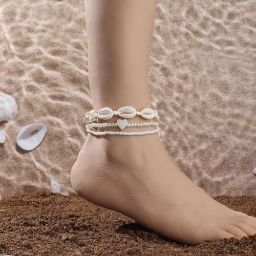3PCS Boho Anklets for Women Summer Beach Women's Ankle Bracelets Beaded Anklet Bracelet Waterproof Beach Anklets Shell Starfish Anklet Foot Chain Jewelry for Women - color: 3PCS/white