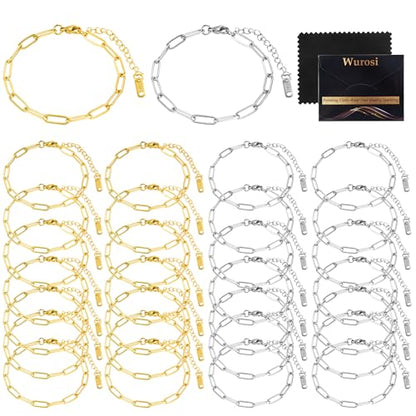 Wurosi 30PCS 18K Gold Plated Charm Bracelet Chains 6.3Inch Stainless Steel Bracelets Chain Bulk Link Bracelet with Lobster Clasps for Women DIY Bracelets Crafts Supplies(Gold+Silver) - color: Bracelets 30 PCS Gold+Silver