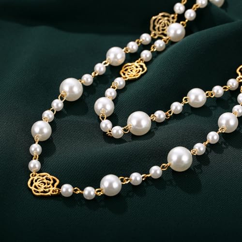 Simulated Pearl Strand Layered Necklace for Women, Multi Strand Long Necklace, Dainty Sweater Necklace for Party Costume Jewelry - style: Rose