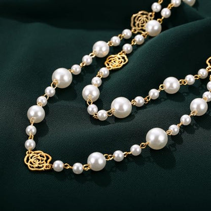 Simulated Pearl Strand Layered Necklace for Women, Multi Strand Long Necklace, Dainty Sweater Necklace for Party Costume Jewelry - style: Rose