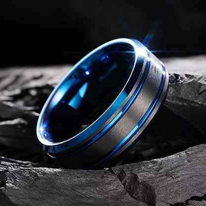 King Will Mens Tungsten Carbide Wedding Band with Groove Design | 6/7/8mm Width, Grooved, Comfort Fit, Everyday Wear - color: Black&Blue-8mm