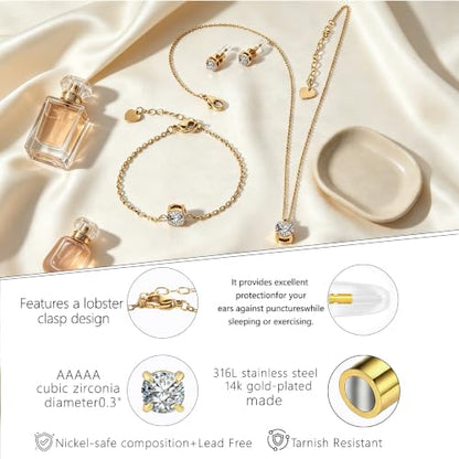 14K Gold Plated Jewelry for Women Sets, Earrings Necklace Bracelets Hypoallergenic 316L Stainless Steel Round Cubic Zirconia Jewelry Sets, CZ Jewelry Sets, Birthday Valentine's Day Gifts Her