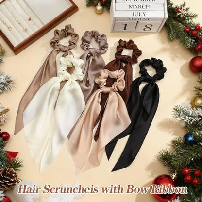 6 PCS Bow Silk Scrunchies, Hair Ties with Bows, Hair Scarf Scrunchies | Knotted Scrunchie Bow for Women , Satin Hair Ribbon Elastic Hair Tie, Long, Brown - color: Brown