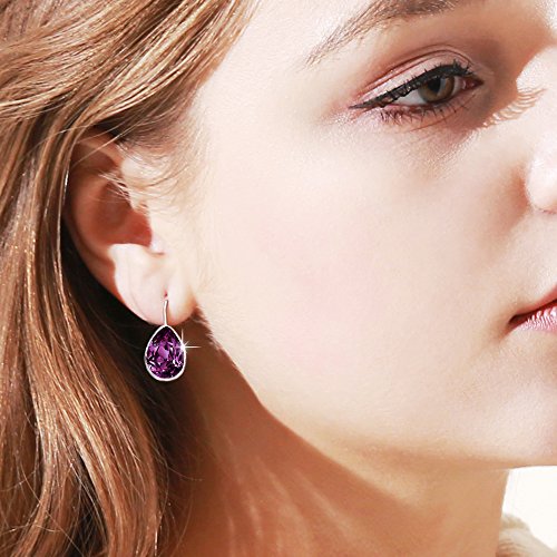 Xuping Jewelry Huggies Crystal Teardrop Earrings for Women Clear Crystals Leverback Silver Earring Fashion Party Jewelry Gifts - color: Purple