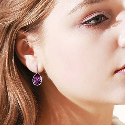 Xuping Jewelry Huggies Crystal Teardrop Earrings for Women Clear Crystals Leverback Silver Earring Fashion Party Jewelry Gifts - color: Purple