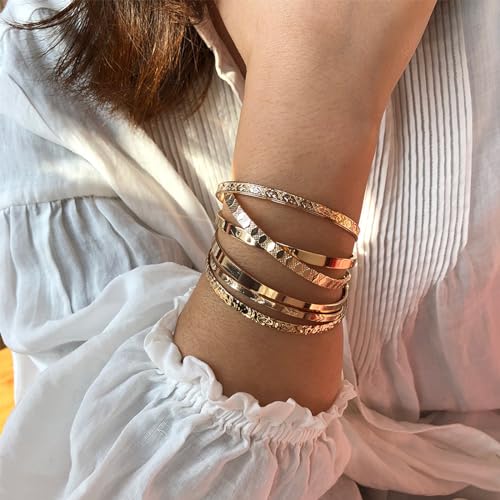 IFKM Gold Bangle Bracelets For Women, 14k Gold Plated Multi Layer Stackable Cuff Bracelet Set, Trendy Elegance Charms Non Tarnish Minimalist Textured Boho Jewelry Gift for Women - style: 6pcs Love