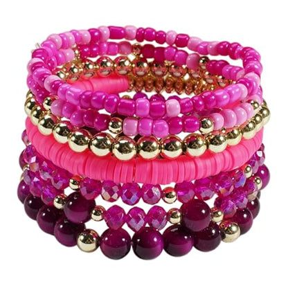 7/12Pcs Set Bohemian Stackable Crystal Seed Beaded Elastic Stretch Bracelet Multilayerd Handmade Brass Bead for Women Jewelry Surfer Heishi Polymer Clay Layering - color: green